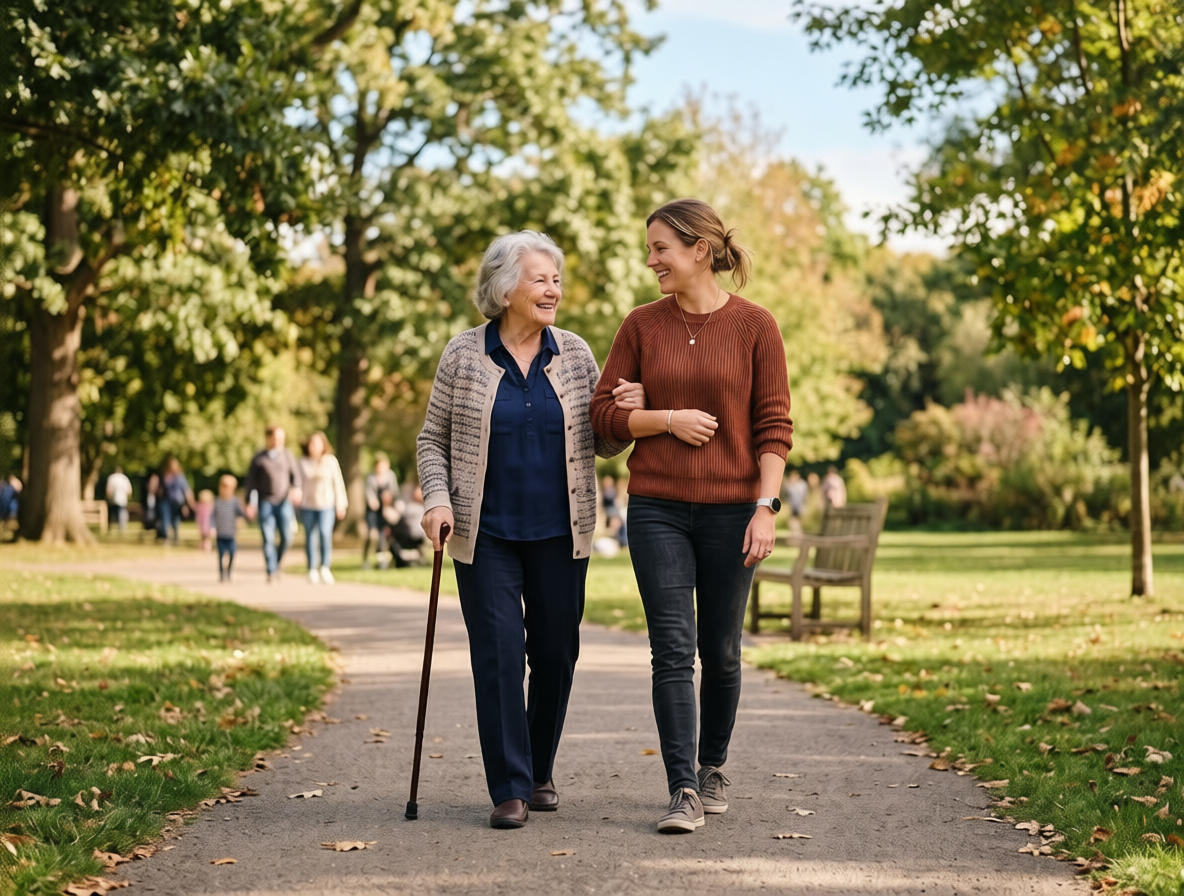 Senior and caregiver enjoying a walk together in the park