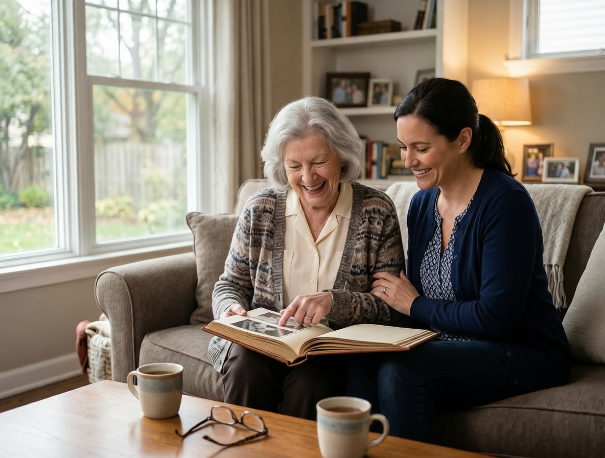 Caregiver and senior sharing a warm moment looking at photos together at home