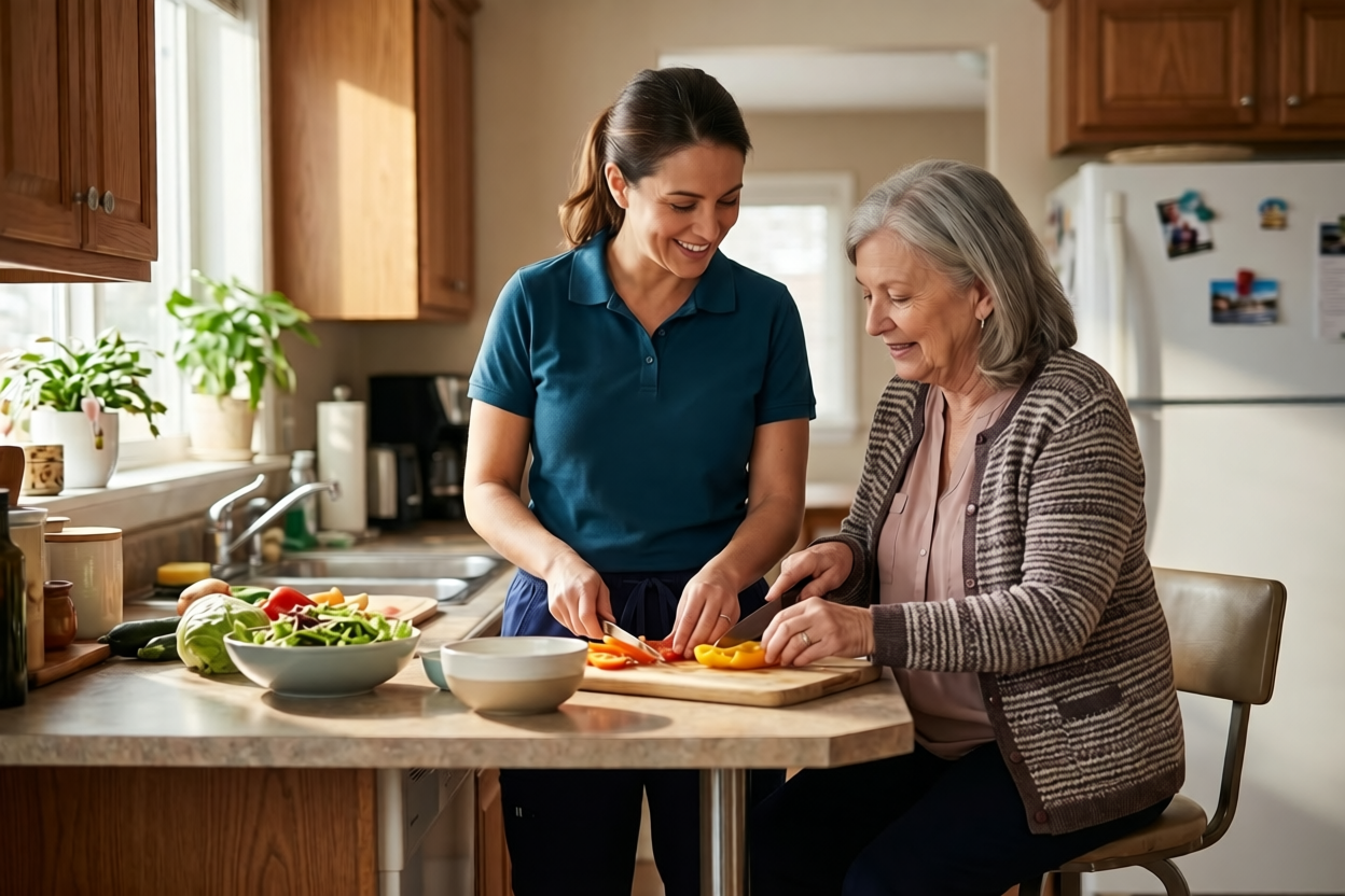 Caregiver helping a senior with meal preparation in a warm kitchen